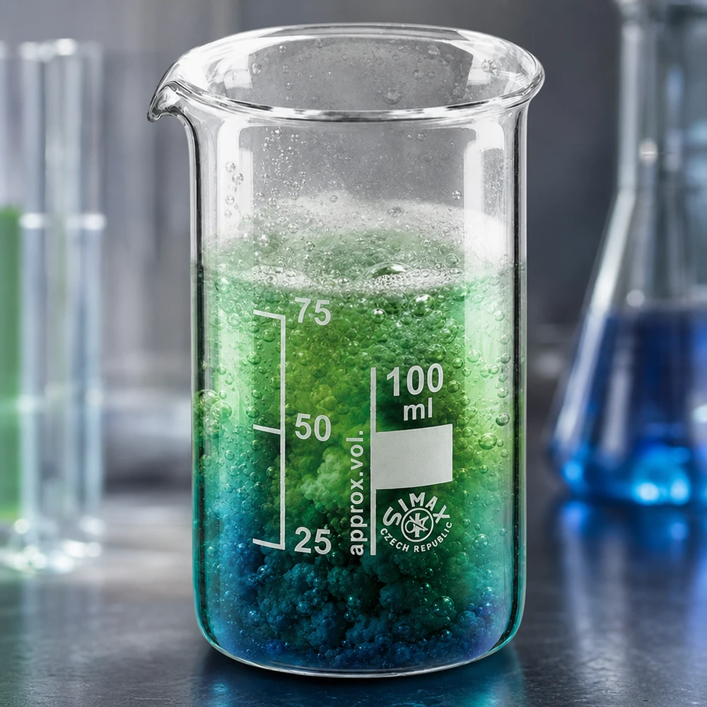 Volumemarkeringen van 25, 50 en 75 ml zijn zichtbaar op het Simax-bekerglas met een reactieve groene oplossing
