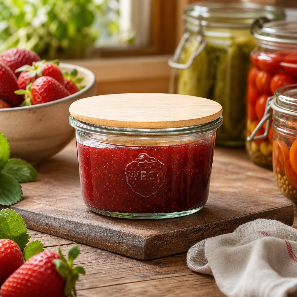 WECK-mini stortglas 80ml met hout deksel WECK pot 80ml RR60 met houten deksel gevuld met aardbeienjam in rustieke keuken met verse aardbeien
