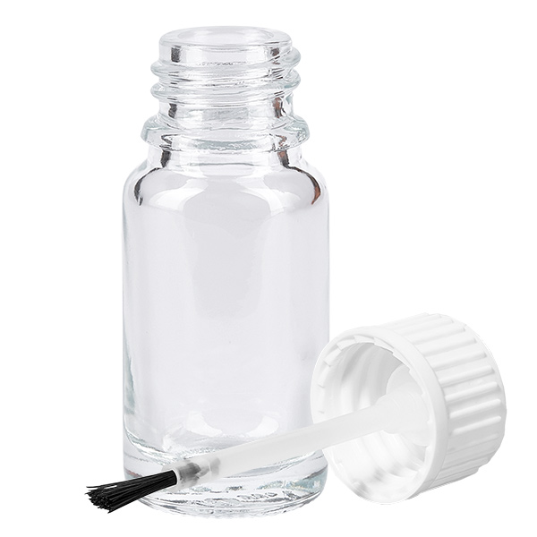 10ml borstelflacon wit STD ClearLine UT18/10 Lege 10 ml-fles met kwastje van helder glas, met witte dop en kwastje voor nauwkeurig aanbrengen van vloeistoffen