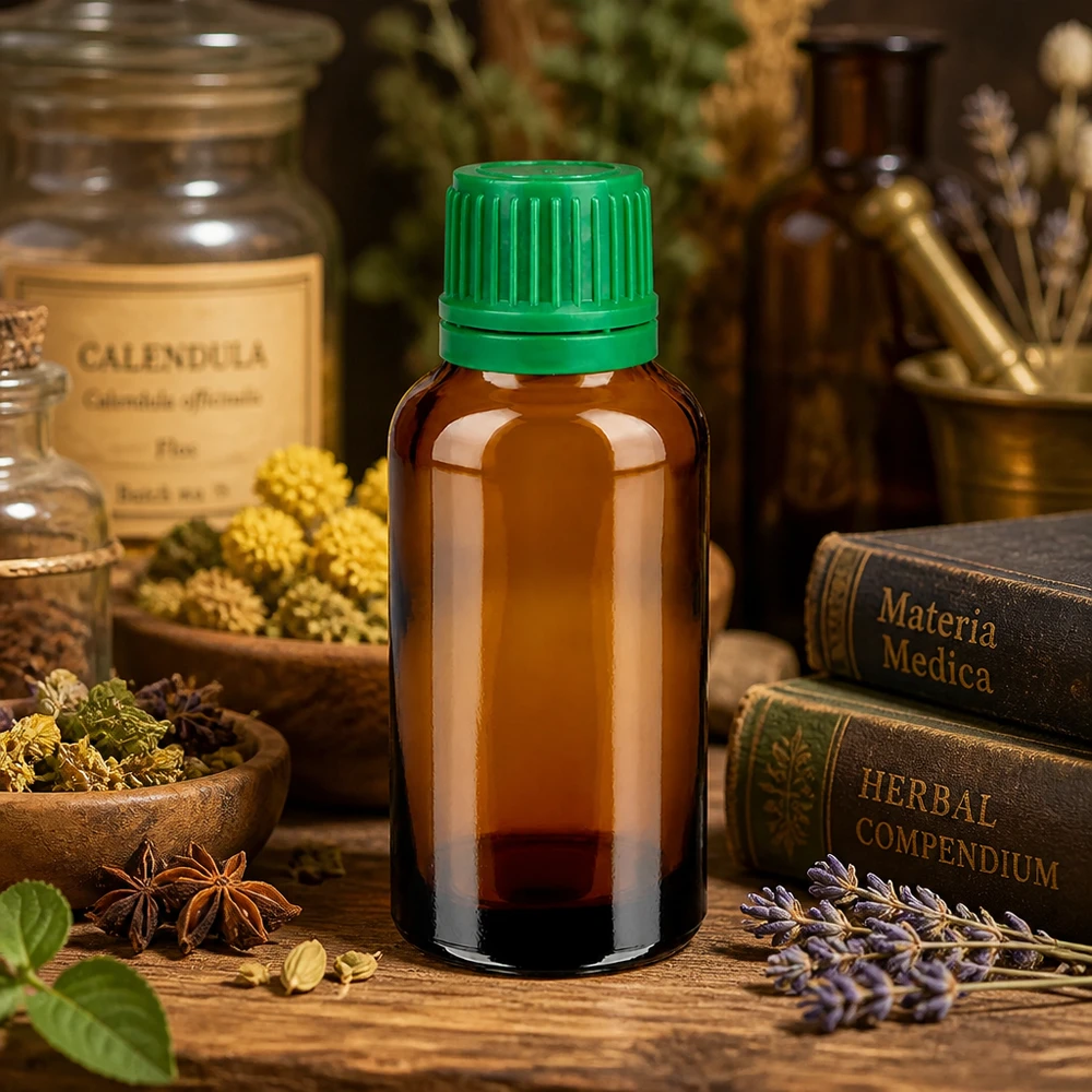 30ml fles 11mm SV groen OV BrownLine UT18/30 30ml BrownLine flesje met groene SV-dop voor het veilig bewaren van natuurlijke oliën