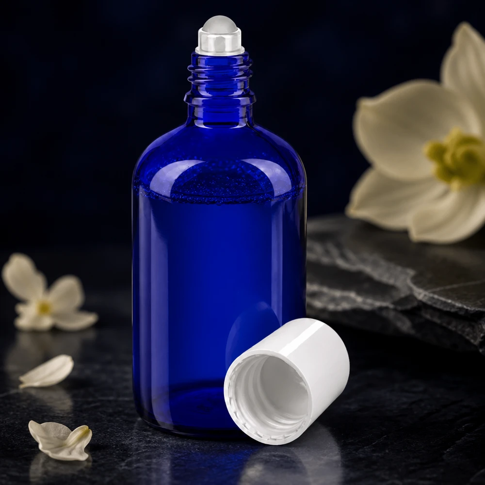 Zijaanzicht van een blauwe STD-roll-onfles van 100 ml met een witte kunststofdop