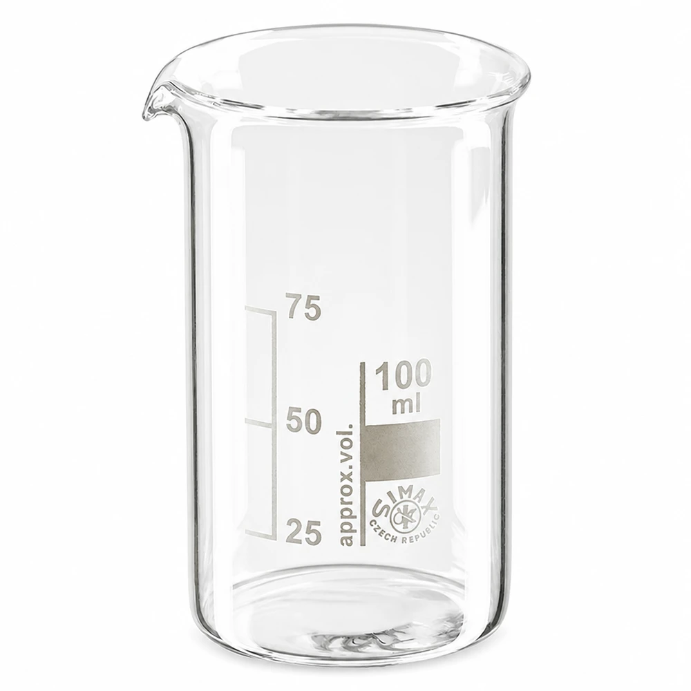 Doorzichtig laboratoriumglas, bekerglas van 100 ml, hoge cilindrische vorm met maatverdeling