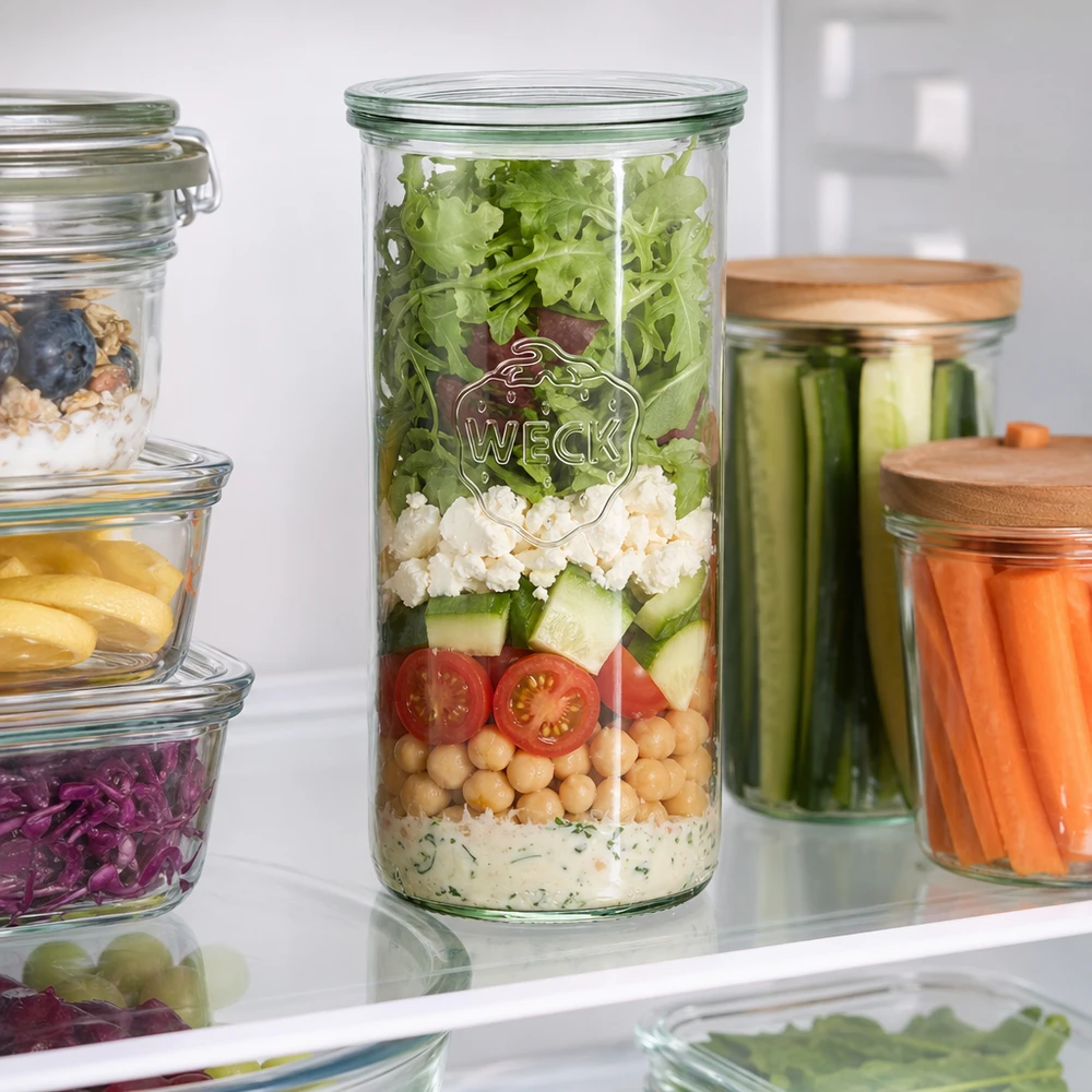 WECK RR100 bekers van 1500 ml in de koelkast gevuld met gelaagde salade tussen andere Meal Prep voorraadpotten