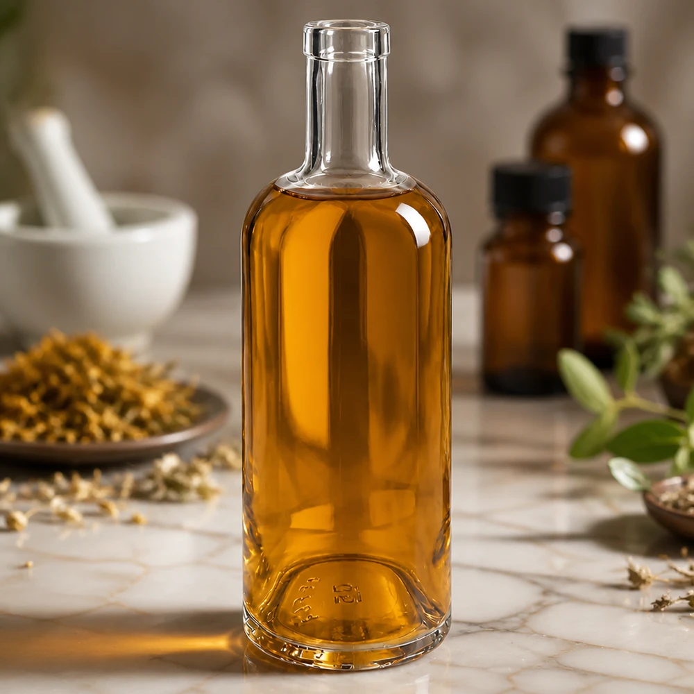 750 ml glazen fles Emma zonder sluiting UNiTWIST® 750ml Glasflasche Emma mit goldbraunem Inhalt in apotheker-ähnlicher Umgebung mit Kräutern und Mörser dekoriert