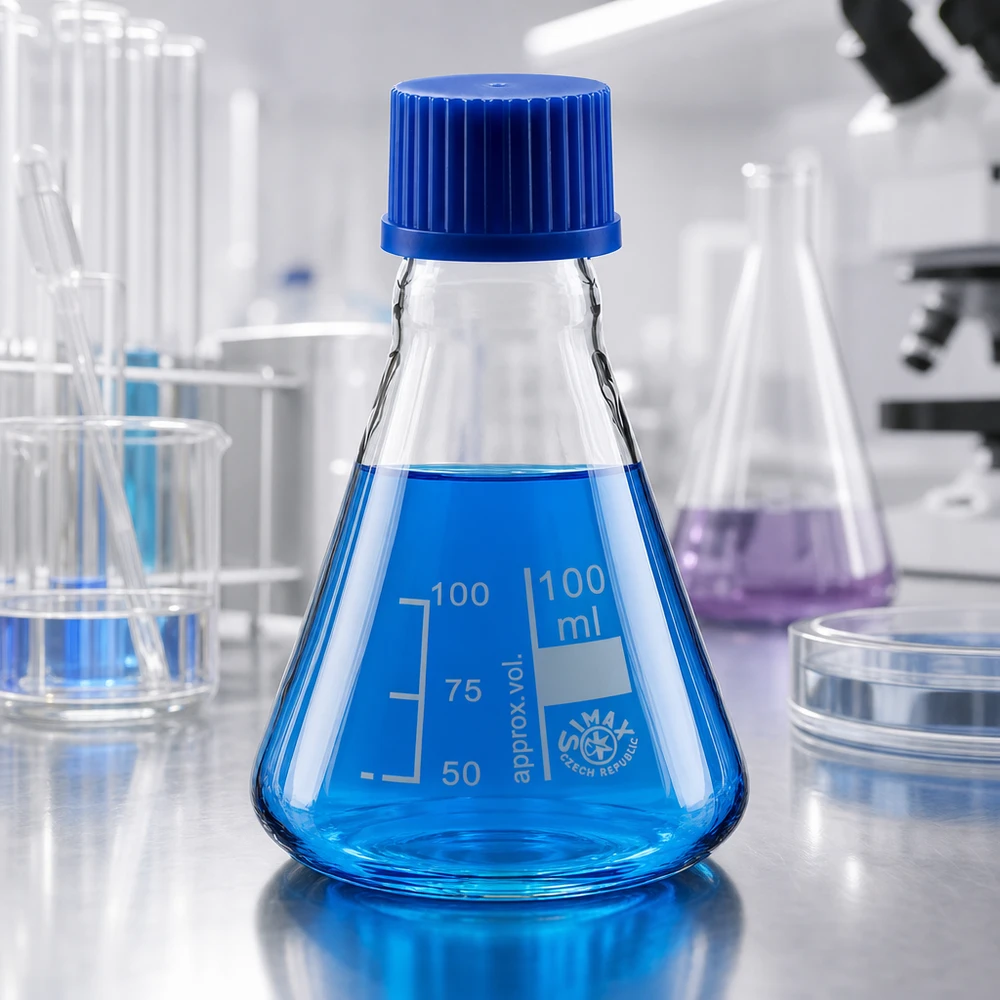 Wetenschappelijke erlenmeyer met een inhoud van 100 ml en lekvrij deksel