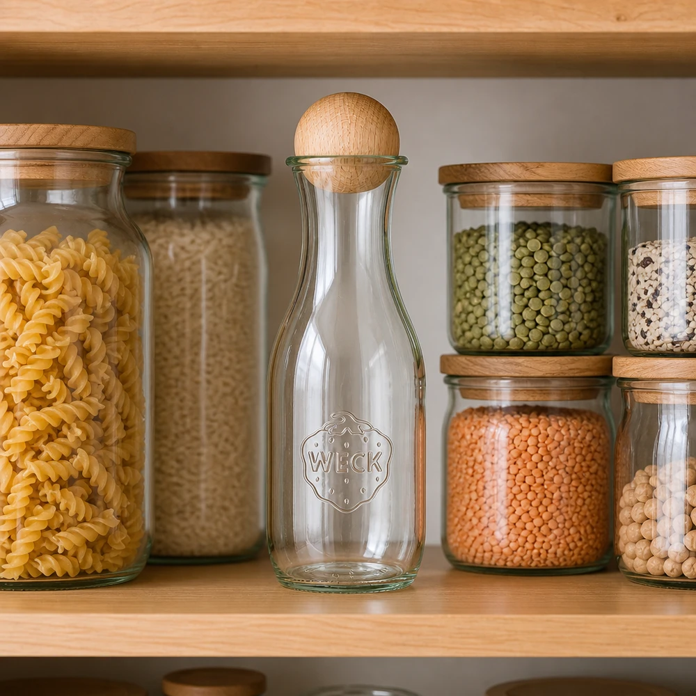 1062ml sapflessen WECK RR60 met houten bal WECK glazen fles 1062ml RR60 leeg in voorraadkast tussen inmaakpotten met pasta, rijst en peulvruchten