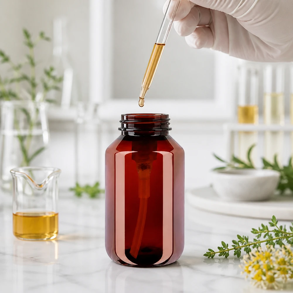 100 ml PET medicijnfles met wit dispenserpomp, standaard Nachfüllbare 100ml Flasche bernstein PET mit weisser Pumpe für Kosmetikherstellung