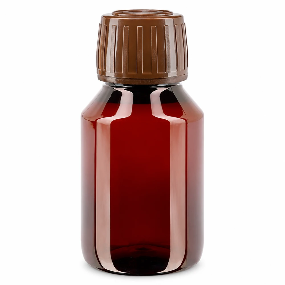 50 ml PET medicijnfles met verstuiver zwart GCMI 28/410 incl. dop transparant, standaard Pharma PET Flasche 50 Milliliter braun mit manipulationssicherem Originalverschluss