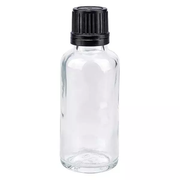 Helder glazen flessen 30ml met zwart schroefsluiting uitgietring VR Helder glazen flessen 30ml met zwart schroefsluiting uitgietring VR
