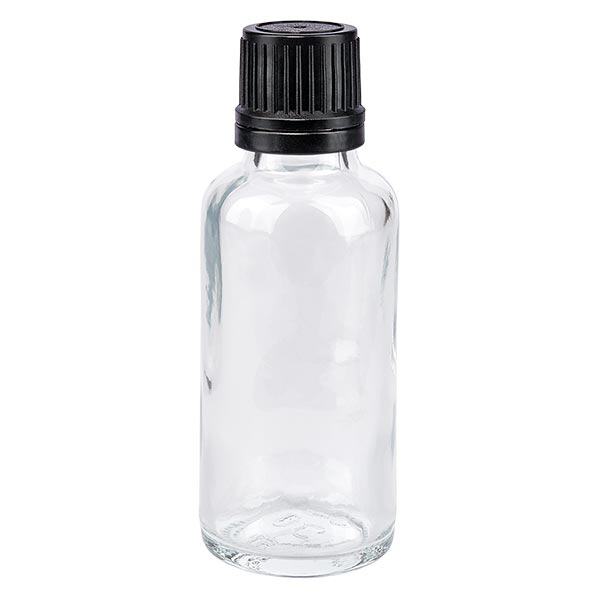 Helder glazen flessen 30ml met zwart schroefsluiting uitgietring VR Helder glazen flessen 30ml met zwart schroefsluiting uitgietring VR