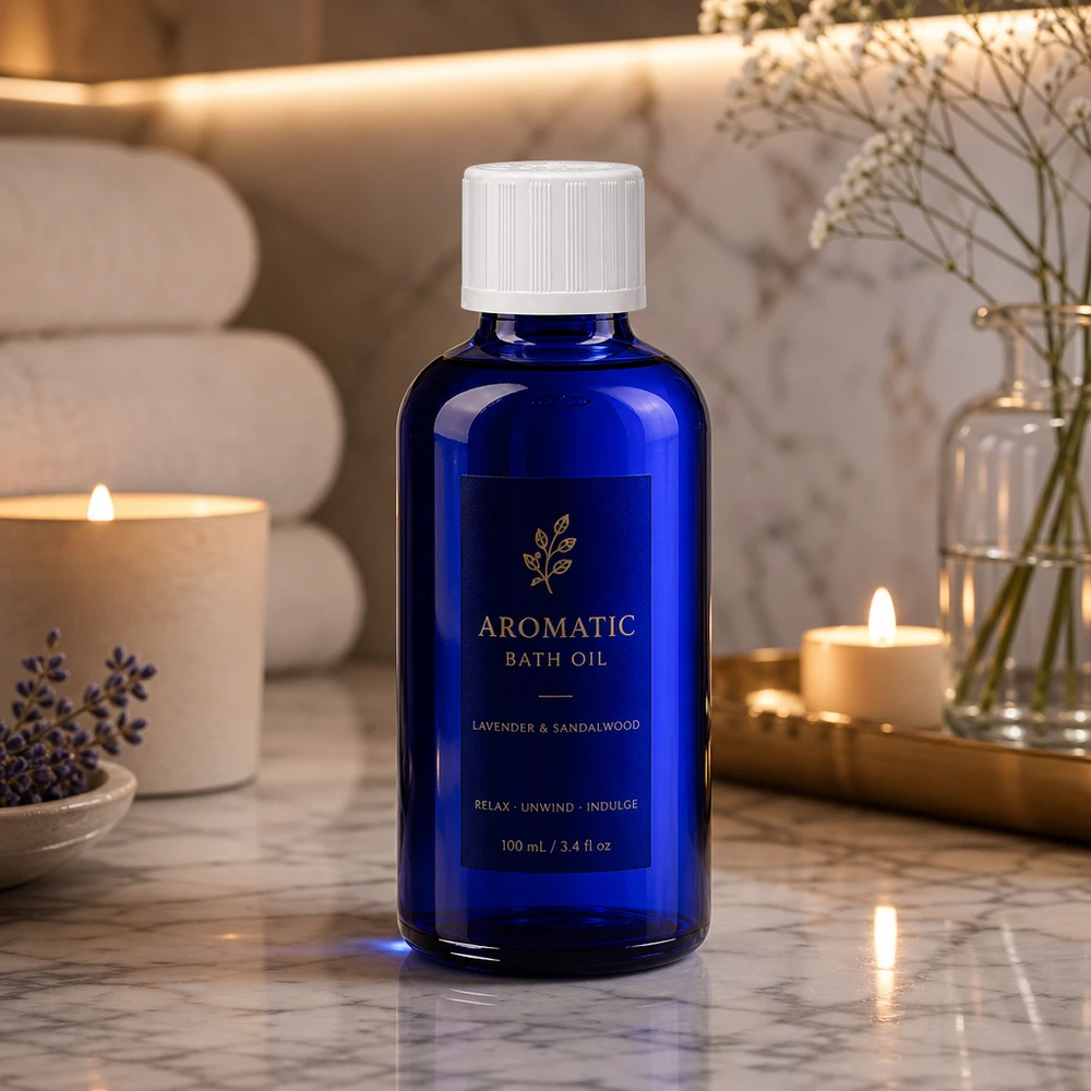 Blauwe glazen flessen 50ml met wit schroefsluiting kinderslot St Donkerblauwe fles van 50 ml met een witte KiSi-dop in een ontspannen spa-sfeer bij kaarslicht