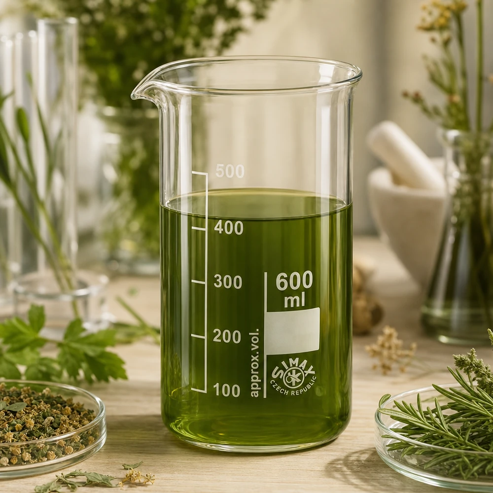 Fytopharmaceutisch gebruik: bekerglas van 600 ml, hoog model, met groen extract en gedroogde kruiden