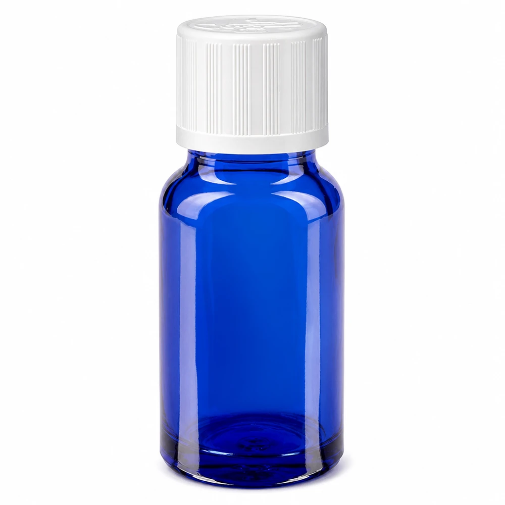 Blauwe glazen flessen 10ml met wit sluiting KiSi St 10 ml apothekersflesje met UV-bescherming, blauw met witte KiSi-dop, schroefdraad 11 mm