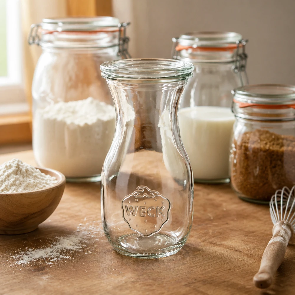 WECK sapfles 290ml RR60 in keukensfeer met inmaakpotten meel en bakgerei op houten werkblad