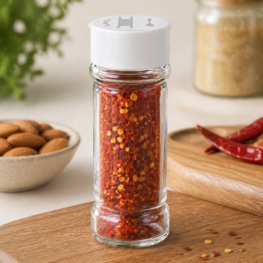 Zout-/kruidenpotje 100 ml met dubbele strooier, wit Kruidenstrooier van 100 ml van helder glas, gevuld met chilivlokken, op een houten plank met gedroogde chilipepers