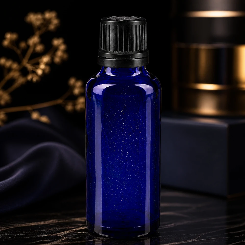 Blauwe fles van borosilicaatglas, 30 ml, met een druppelopening van 1 mm voor laboratoriumtoepassingen