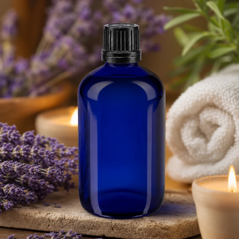 Donkerblauwe glazen fles van 100 ml met een opening van 8 mm en een zwarte originele dop