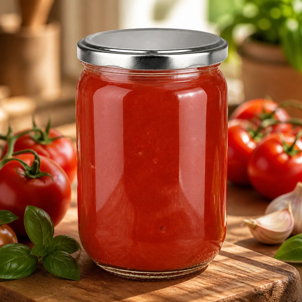 555 ml rond glazen pot + BasicSeal-deksel zilver UNiTWIST 555 ml rond glazen potje UNiTWIST gevuld met tomatenpuree, naast verse basilicum en rode tomaten