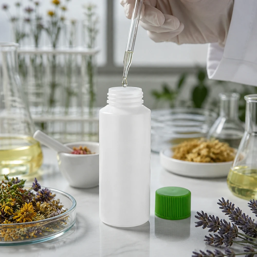 PET cilinderfles 30ml wit met schroefsluiting groen HDPE-fles met brede hals, 30 ml, wit met groene dop, voor etherische oliën en plantentincturen