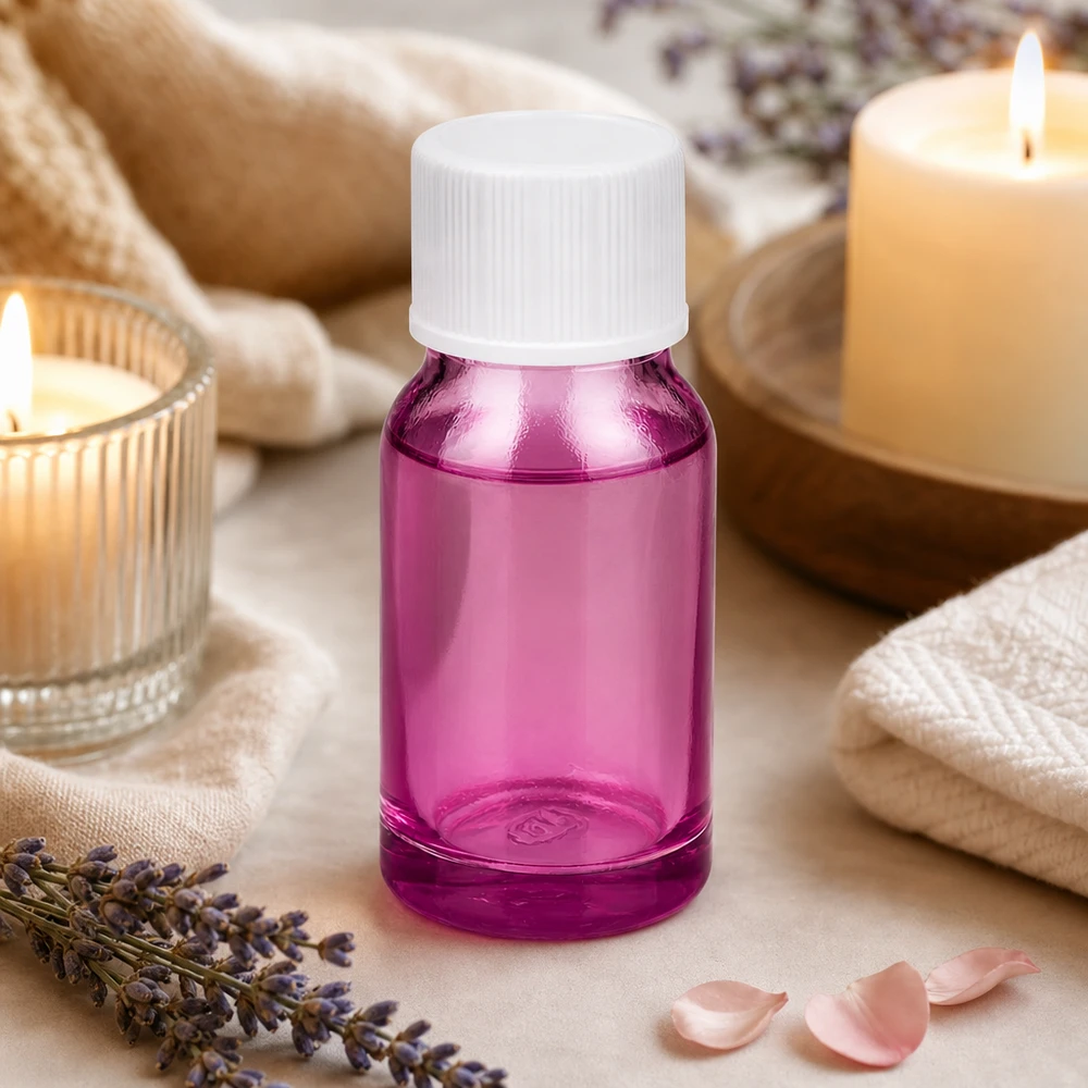 Klein violet glazen flesje 10ml met witte schroefdop voor professionele aromatherapie