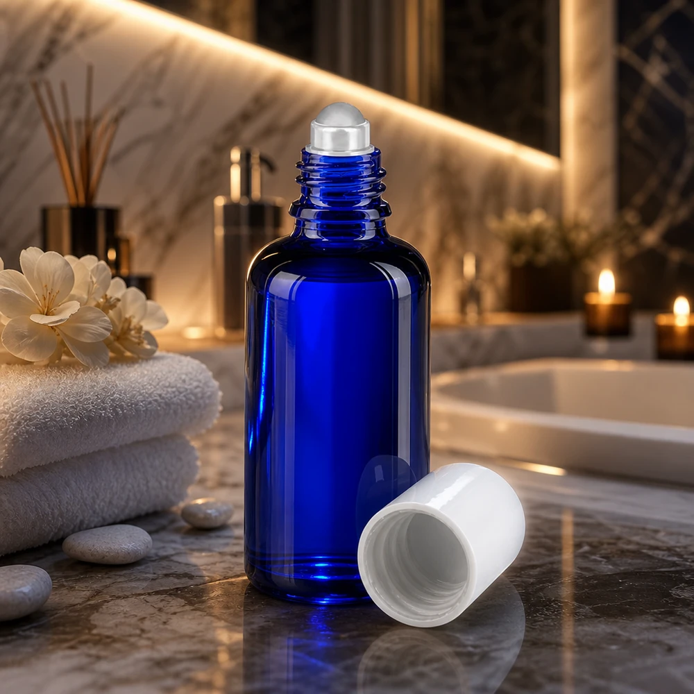 Apothekersflesje blauw 50ml roll-on cap wit Blauw glazen flesje van 50 ml met roll-on-systeem en witte dop voor etherische oliën