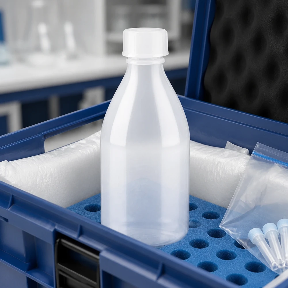 Kleine laboratoriumfles van 100 ml met witte dop, verpakt in een professionele laboratoriumverpakking met toebehoren