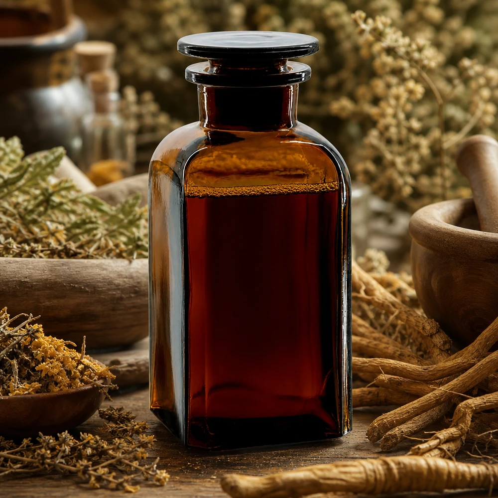 Vierkant-apothekersfles 350 ml wijde hals bruin glas incl. glazen stop Bruine glazen fles van 350 ml, vierkant, met stop, met daarin een vijzel, geneeskrachtige kruiden en plantenwortels