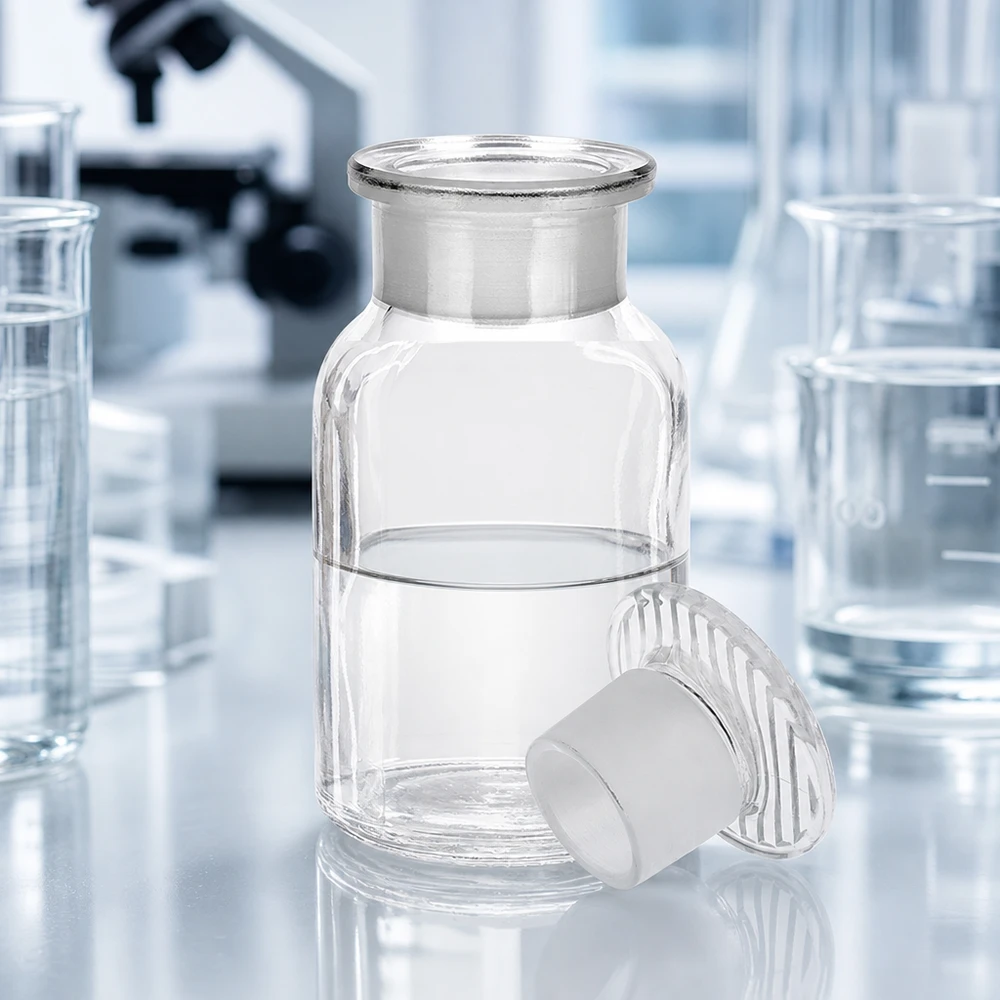 Borosilicaatglas, breedhalsfles met ronde schouders, 100 ml, met conische glazen stop, helder