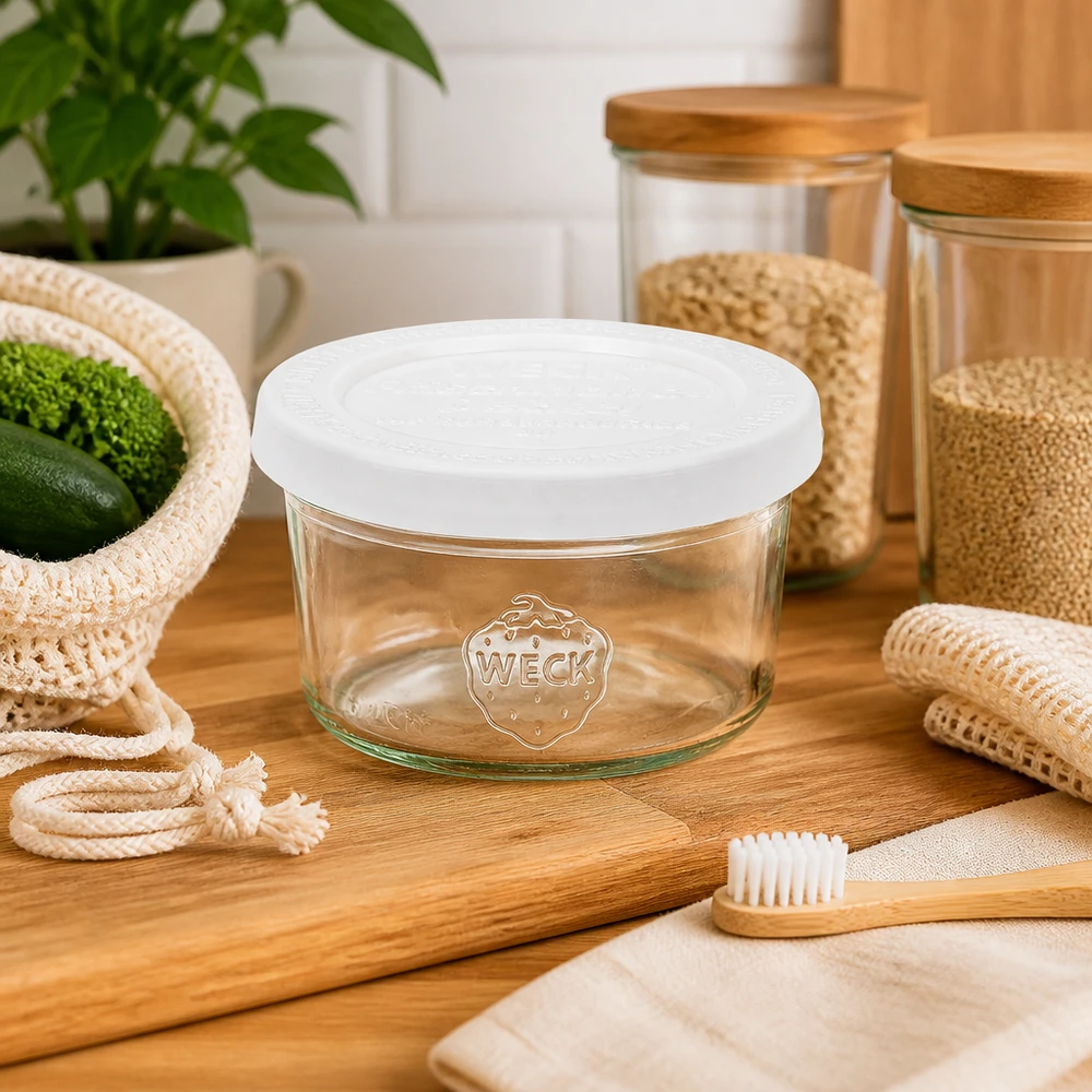 50ml stortglas met vershouddeksel WECK RR60 WECK 50ml beker RR60 met wit deksel in duurzame keuken met bamboe tandenborstel en zero waste producten