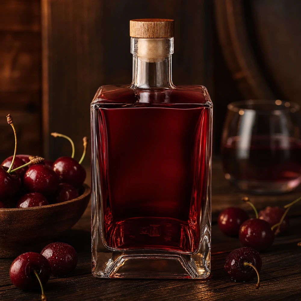 700 ml glazen fles Ben met houten kurk UNiTWIST® 700 ml glazen fles Ben gevuld met rode kersenlikeur tussen verse kersen rustiek houten oppervlak UNiTWIST kurk