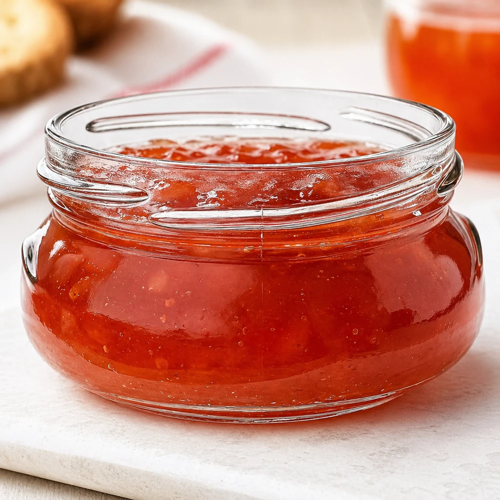 120ml terrine zonder deksel (TO70) UNiTWIST UNiTWIST Terrina120 terrine pot 120ml TO70 gevuld met rode jam op een witte houten plank