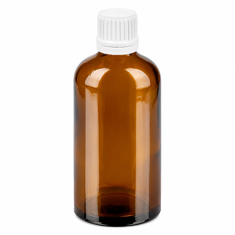 UV-beschermende bruine glazen fles van 100 ml met veilige witte schroefdop