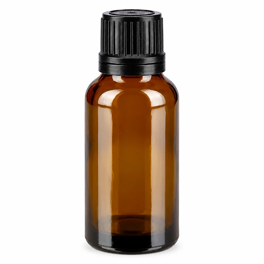 Bruine glazen fles 20ml met zwart druppelsluiting 1mm VR Flesje van 20 ml van UV-werend bruin glas met zwarte doseerdop van ApoGlas