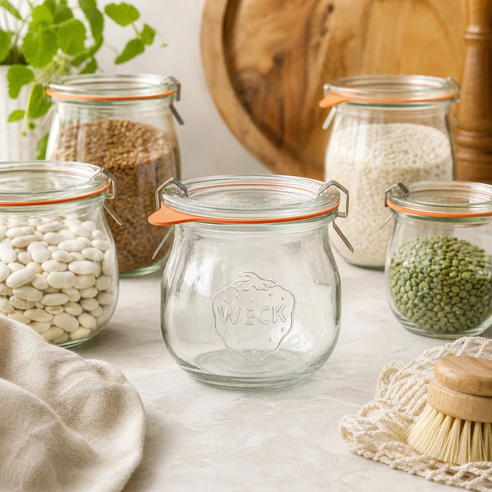 WECK tulpenpot 75ml RR40 in een natuurlijke keukensetting tussen voorraadpotten met peulvruchten en granen
