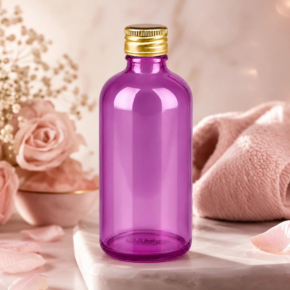 Violette glazen fles van 100 ml met ergonomische hals voor eenvoudig gebruik