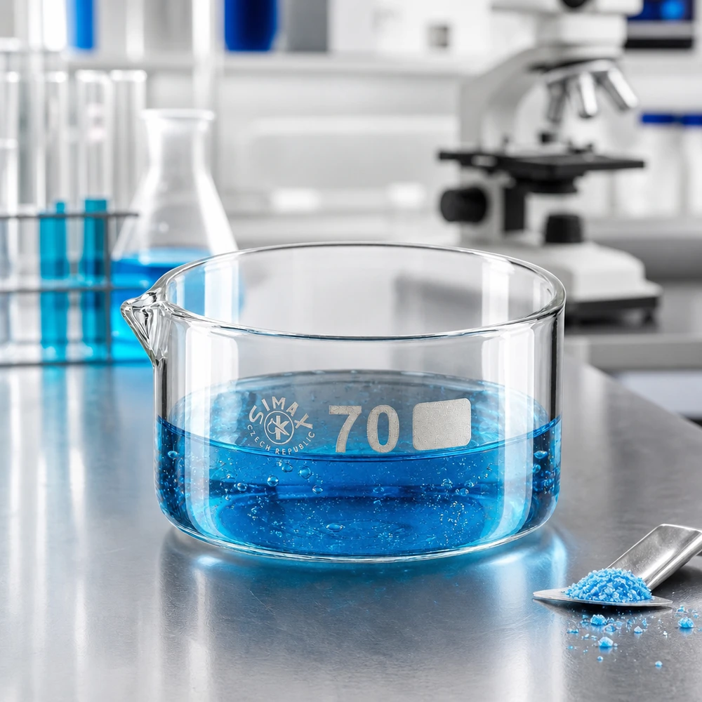Kristalliseerschaal 100ml met schenktuit Laboratoriumschaal van 100 ml, van borosilicaatglas, met een kokende blauwe vloeistof en kopersulfaatkristallen op een stalen tafel