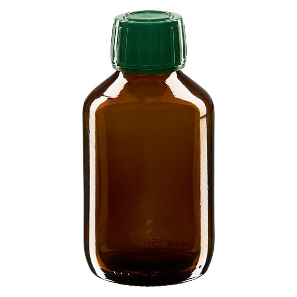 150ml Euro-medicijnfles bruin met groene schroefsluiting VR 150ml Euro-medicijnfles bruin met groene schroefsluiting VR