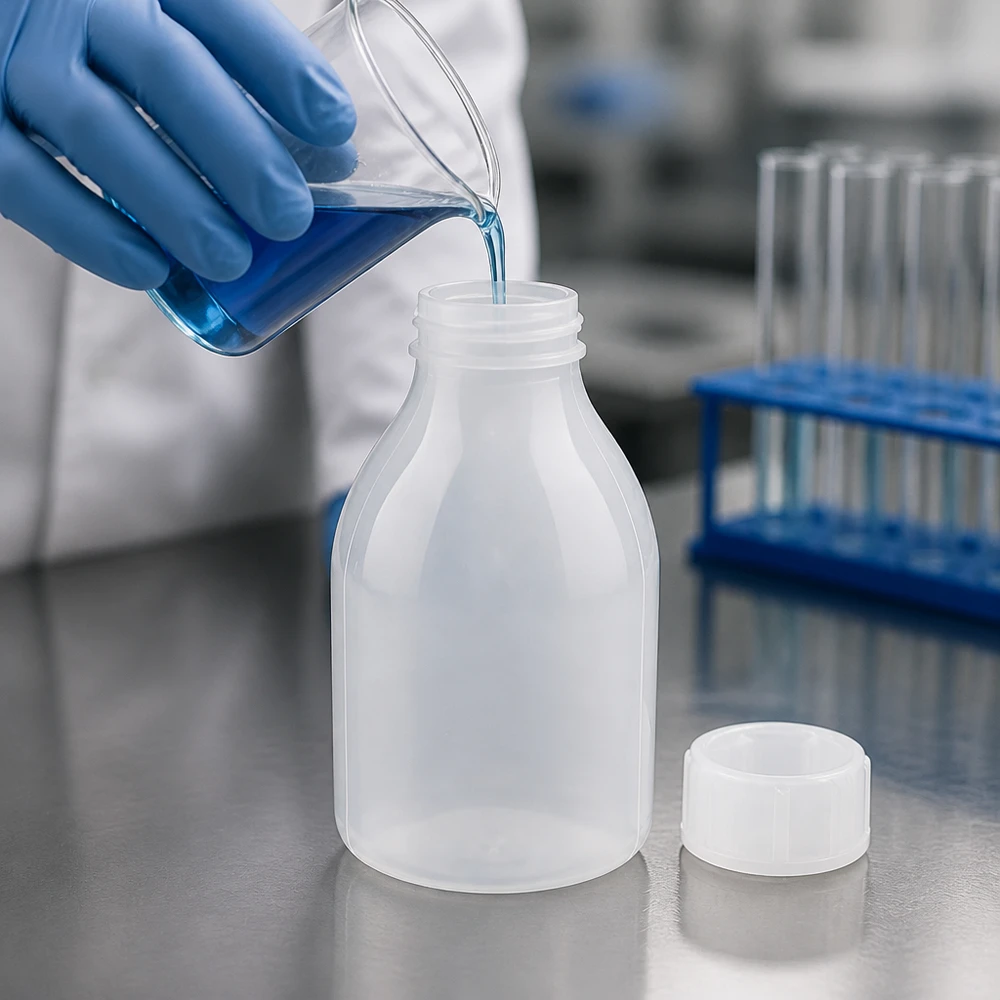 Nauwe hals laboratoriumfles 30ml met schroefsluiting Doorzichtige schroeffles met smalle hals van 30 ml naast een blauwe reageerbuisstandaard in het laboratorium
