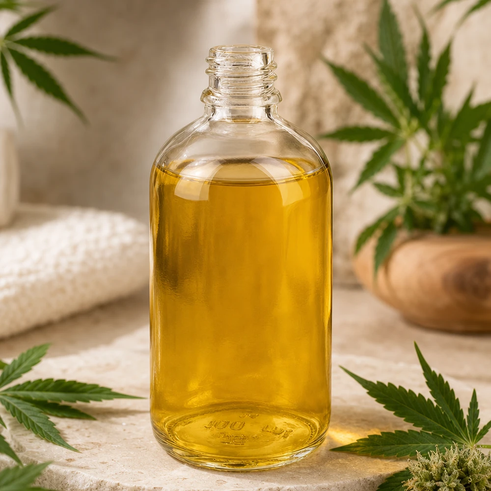 Gevulde ClearLine-apotheekfles van 100 ml met CBD-olie, omringd door cannabisbladeren UNiTWIST DIN18