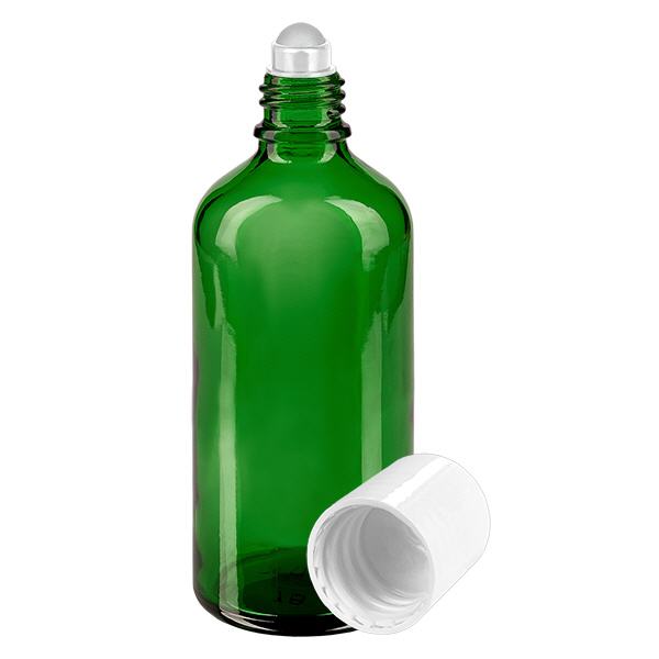 Apothekersflesje groen 100ml roll-on cap wit Apothekersflesje groen 100ml roll-on cap wit