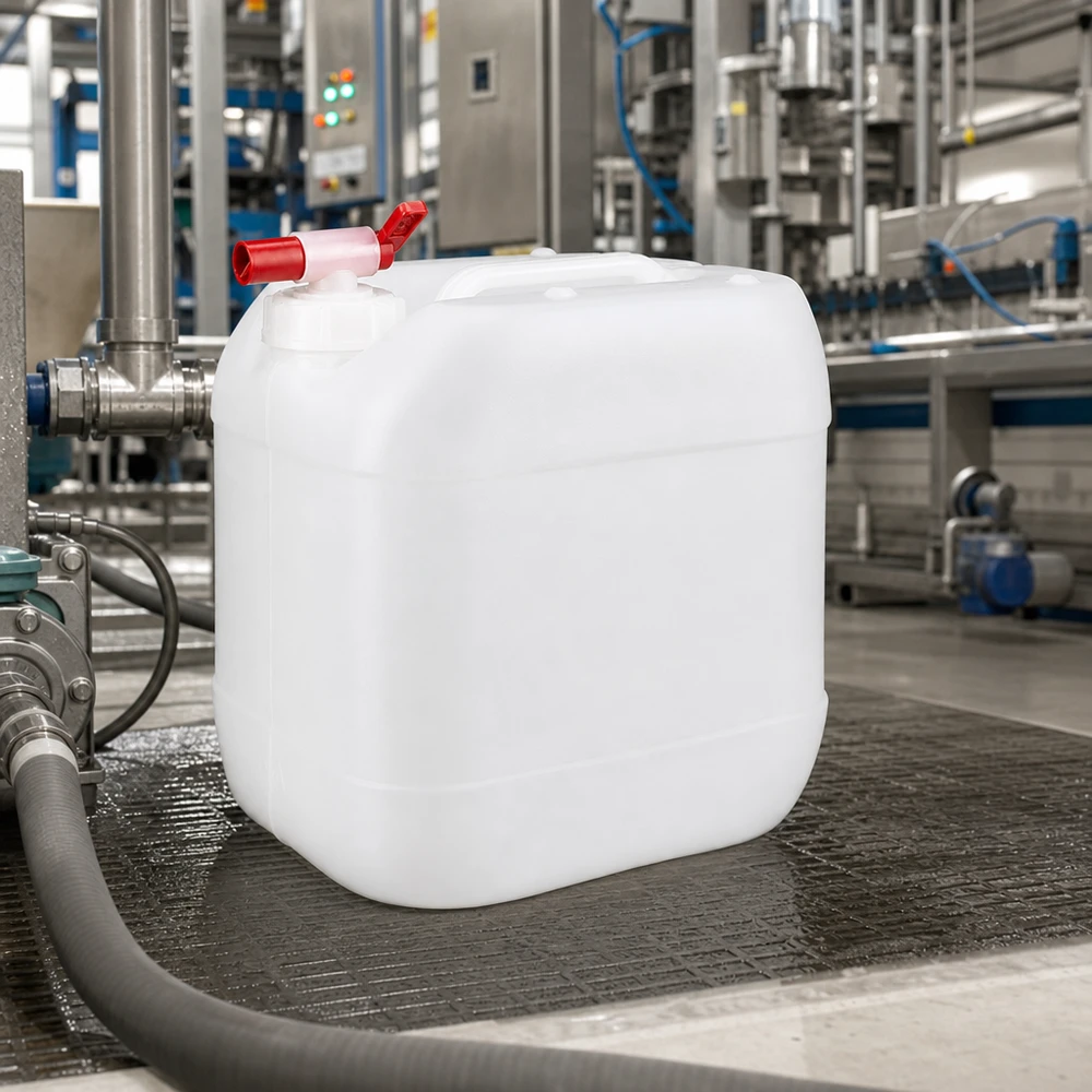 15l jerrycan met aftapkraan, UN-toelating Stapelbare jerrycan van 15 liter met afsluitkraan voor het doseren van vloeistoffen in de industrie