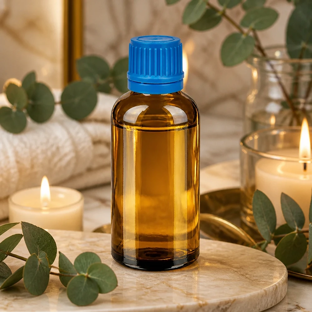 Hoogwaardige glazen fles van 50 ml in amberkleur met blauwe verzegelbare dop UT18/50