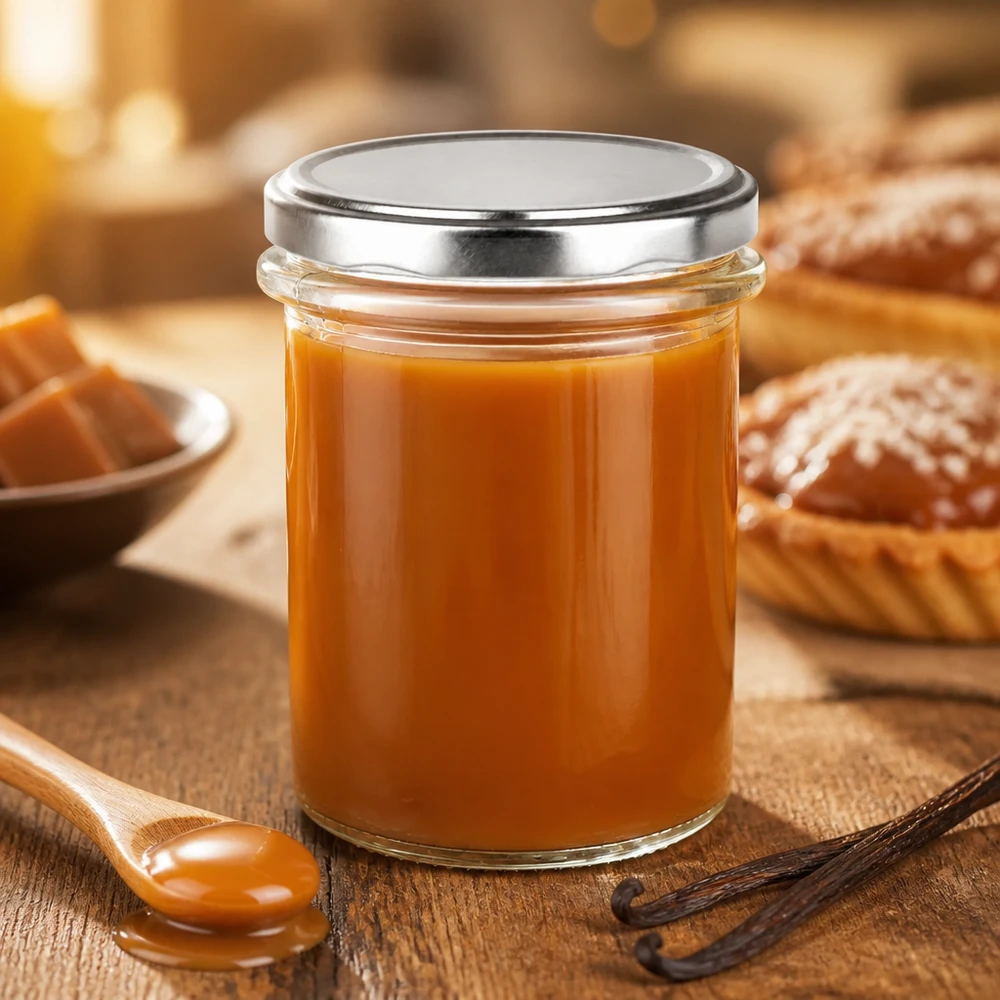 214 ml rond glazen pot met BasicSeal-deksel in zilver, ideaal om zelfgemaakte karamel cadeau te doen