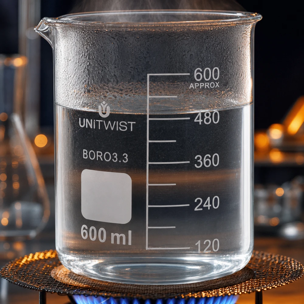 Beker 600ml borosilicaat, lage vorm UNiTWIST Laboratoriumbeker van 600 ml, UNiTWIST, cilindrische vorm, van hittebestendig Boro3.3-glas
