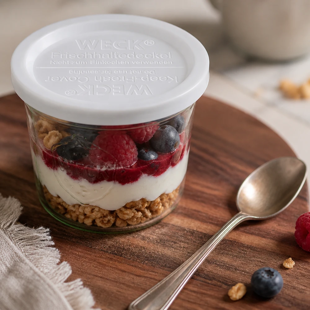 WECK houdbaar deksel RR120 op yoghurt-bessen dessert in een potje met lepel op houten plank Keukenaccessoires