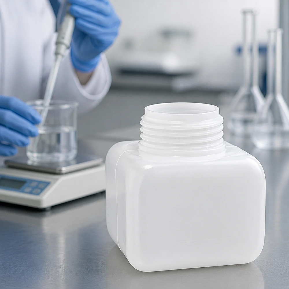 Chemicaliënfles 250 ml, wijde hals Vierkante fles 250 ml, brede hals, PE-HD, ruimtebesparend stapelbaar, laboratoriumchemicaliën, naturel, schroefdop