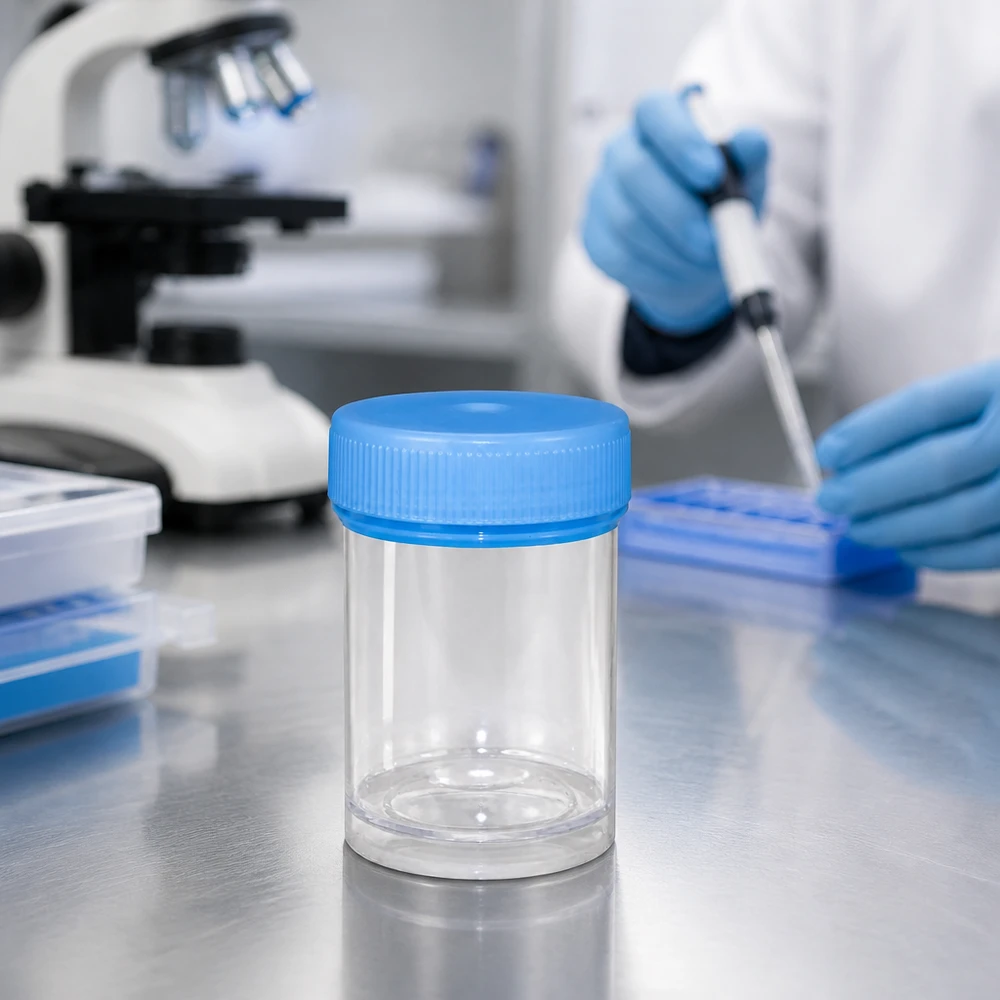 Universele kunststof pot (pathologie pot) 35ml Cilindrisch proefbuisje van 35 ml met geribbelde blauwe schroefdop in het laboratorium