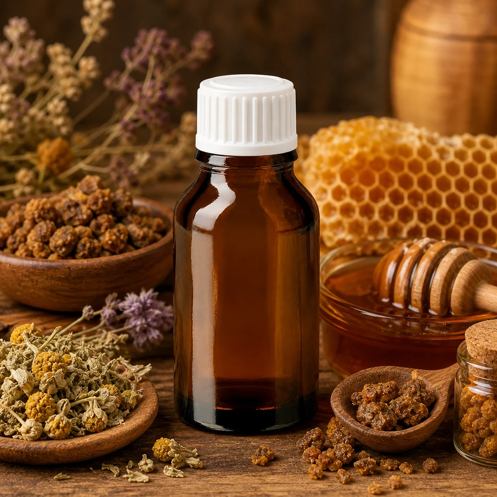 Bruine glazen fles 30ml met wit schroefsluiting St Compacte druppelfles van 30 ml van bruin glas met witte dop voor bijenteeltproducten en geneeskrachtige kruiden