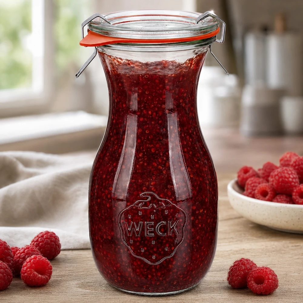 WECK sapfles 290ml RR60 gevuld met frambozenjam en swing top op een houten tafel met verse frambozen