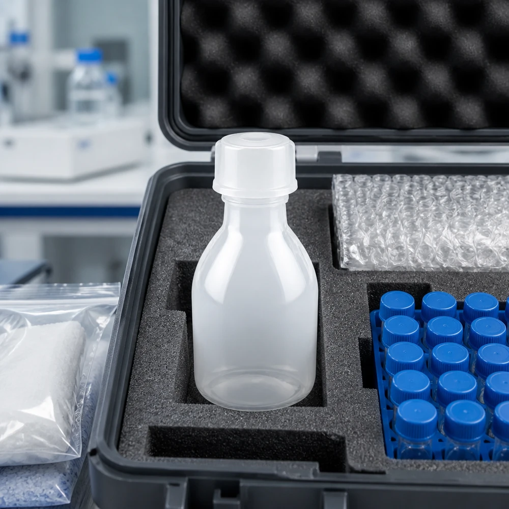 Nauwe hals laboratoriumfles 20ml met schroefsluiting Melkachtige, doorschijnende PE-schroeffles van 20 ml met smalle hals, in een schuimrubberen houder voor veilig transport